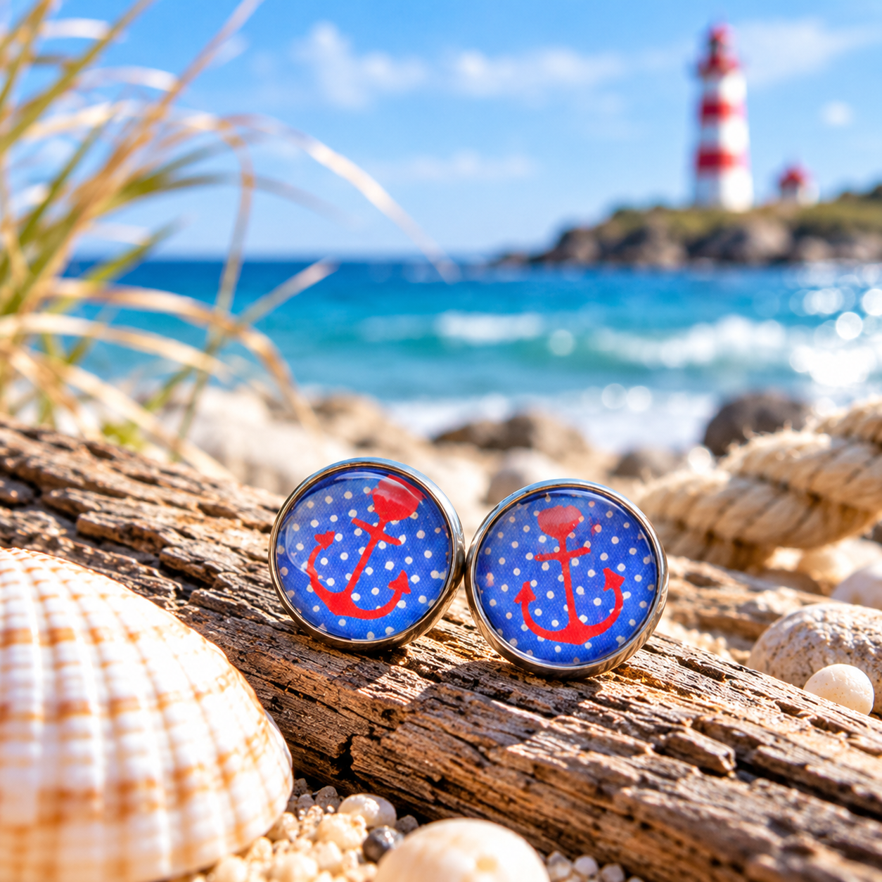Cabochon Ohrstecker Anker Rot
