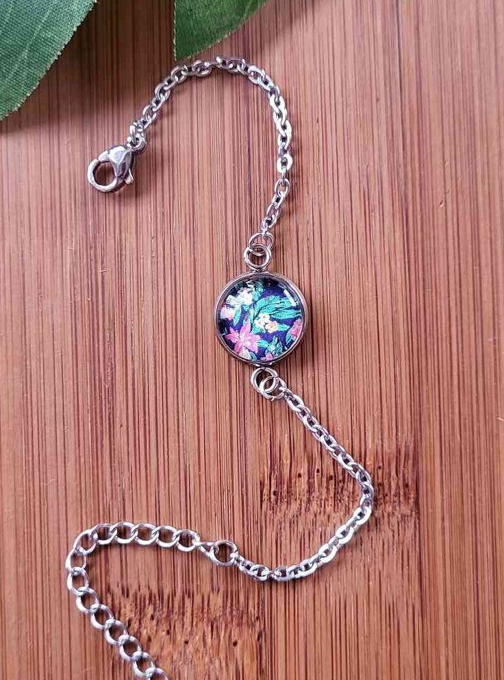Armkette Aloha / Hawaii / Glas Cabochon Anhänger 13 mm aus Edelstahl 20 cm Kette