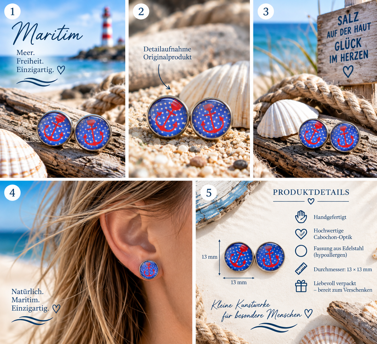 Cabochon Ohrstecker Anker Rot